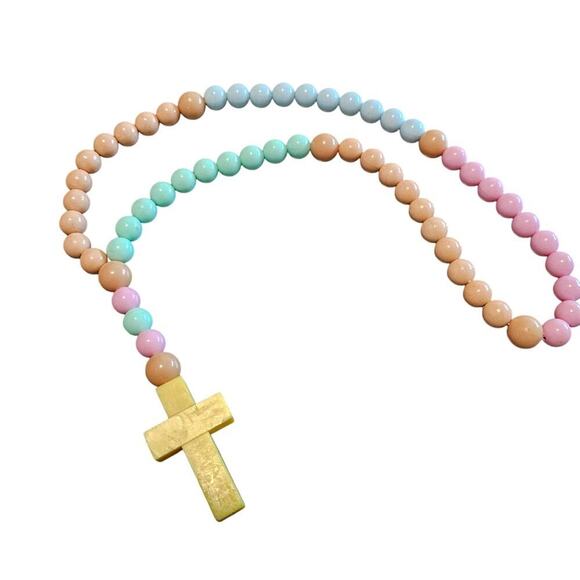 Vintage Silicone Rosary Beaded Pastel Yellow Chunky Cross Religious Necklace - Picture 1 of 8